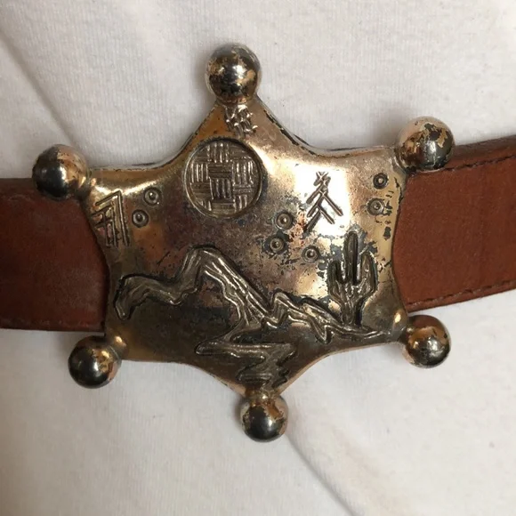 Brown Leather Cowboy Belt with Silvertone Accents - Picture 3 of 10